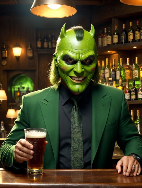 “The Mask” is a 1994 comedy film based on the Dark Horse comic book series of the same name. The film stars Jim Carrey, Peter Green, Amy Yasbeck and Peter Riegert, and is also the debut film for Cameron Diaz. The plot of the film tells the story of Stanley Ipkis, a bank employee and loser who finds a magical mask with which he turns into a green-faced superhero. Create a picture where the main character is drinking at a bar with a friend; «Маска» (англ. The Mask) — кинокомедия 1994 года, снятая по мотивам одноимённой серии комиксов издательства Dark Horse. В фильме снимались Джим Керри, Питер Грин, Эми Ясбек и Питер Ригерт, также фильм является дебютным для Кэмерон Диас. Сюжет фильма повествует о Стэнли Ипкисе, работнике банка и неудачнике, который находит волшебную маску, с помощью которой превращается в зеленолицего супергероя. Создать картинку, где главный герой выпивает в баре с другом