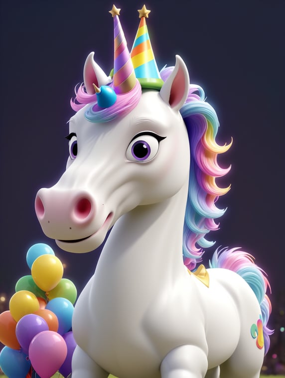 a white horse with a party hat posing as a unicorn