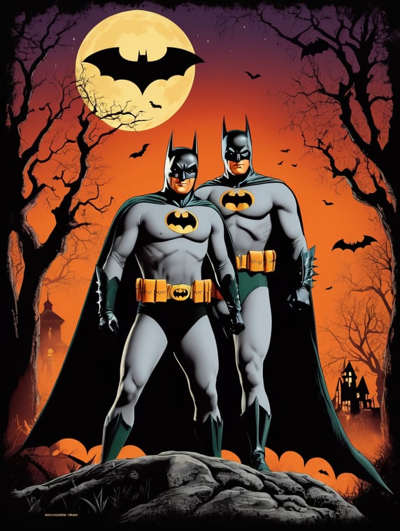 1950's b-movie horror halloween t-shirt print design featuring a batman and robin