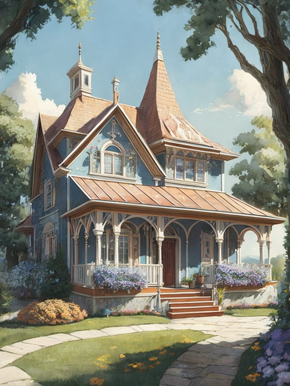 fairytale house, Marty Bell, openwork veranda, day, sunlight, blue sky, flowers near the house, lawn, pastel colors, transparent colors, pink, blue, purple, green, white
