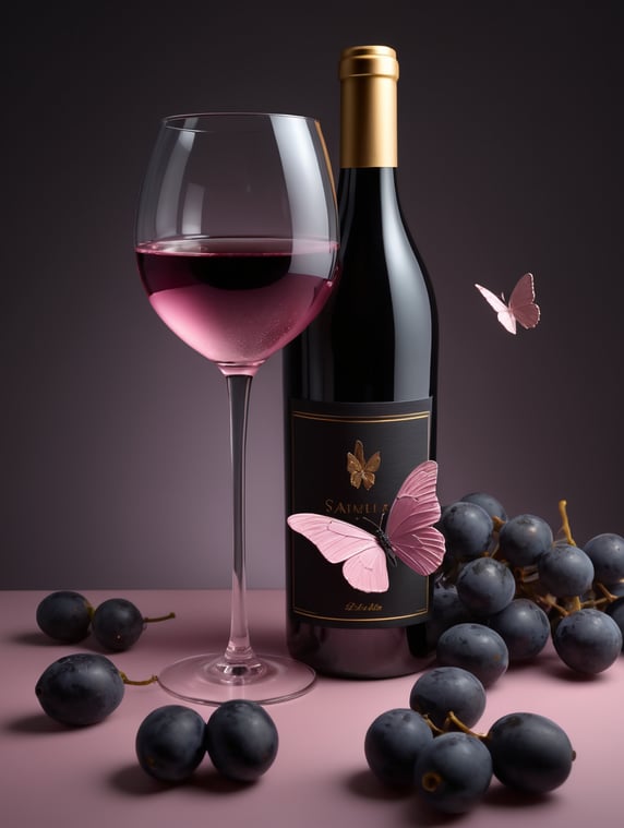 clear and light pink wine bottle with glass of light pink wine on a light pink background with gold butterflies
