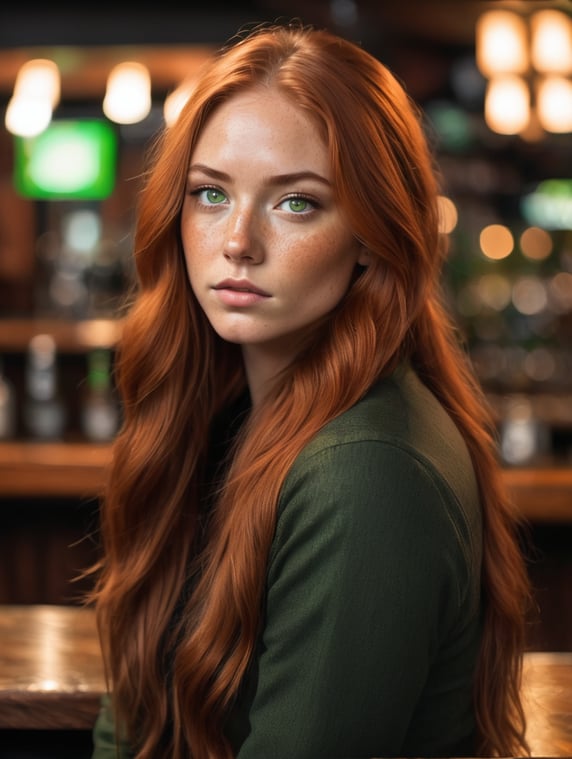 A young woman with reddish long hair and freckles and green eyes sits in a bar and looks to the side so that you can see her side profile. It's night and she's wearing dark clothes; Eine junge Frau mit rötlichen langen Haaren und Sommersprossen und grünen Augen sitzt in einer Bar und guckt zur Seite, sodass man ihr Seitenprofil sieht. Es ist nachts und sie trägt dunkle Sachen