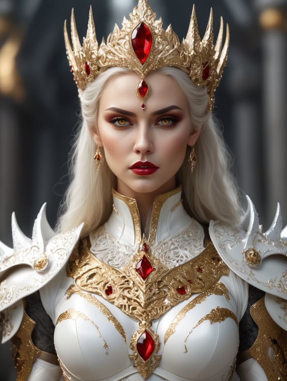 A 8k UHD Female Caucasian beautiful, attractive and stunning Vampire Queen in a white and golden body armor and a white crown with red diamonds on her head and she is extremely powerful and sexy and blood lust