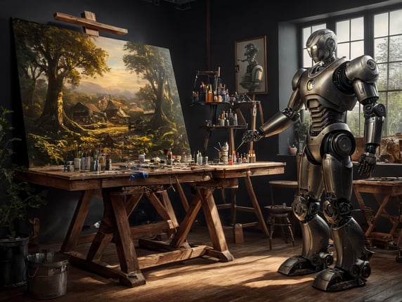 Photorealistic illustration of a robot in an artist studio. The robot is a painter painting a tree on a canvas in the style of a Dutch master in a modern artist studio, artstation, deviantart, cgsociety. Dramatic lighting