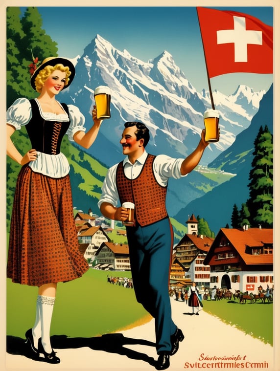Switzerland, vintage Octoberfest postcard illustration
