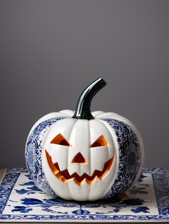 a white halloween pumpkin, ceramic glazed, Azulejo