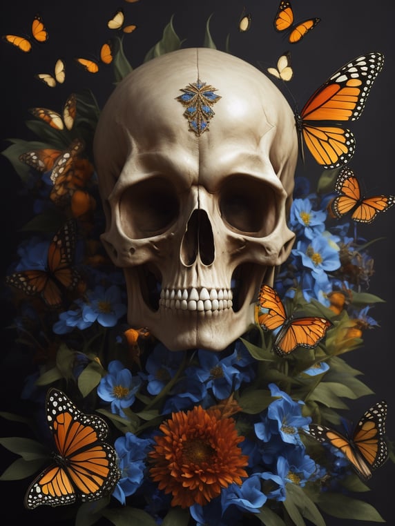 beautiful composition of a skull and monarch butterflies, rule of thirds, golden proportions, realistic art, anatomically correct, white skull with some orange butterflies, some blue flowers in the back, perfect composition, still life, high quality, front view creative, very colorful, very detailed, insane illumination, photography,