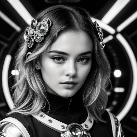 Cute girl model, retro futurist of high fashion, made in symmetrical black and white psychedelic style, black and white beauty, optical illusion, glitch art, flirty, shot on Canon