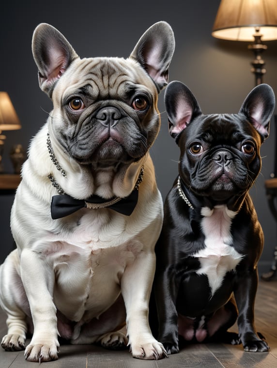 The image must be two female dogs, one is a gray pug with pretty face and the another dog is a black and white french bulldog. The french bulldogs is pregned and the background must be color gray like the photo studios background. The image must be detailed ultra super 4K details