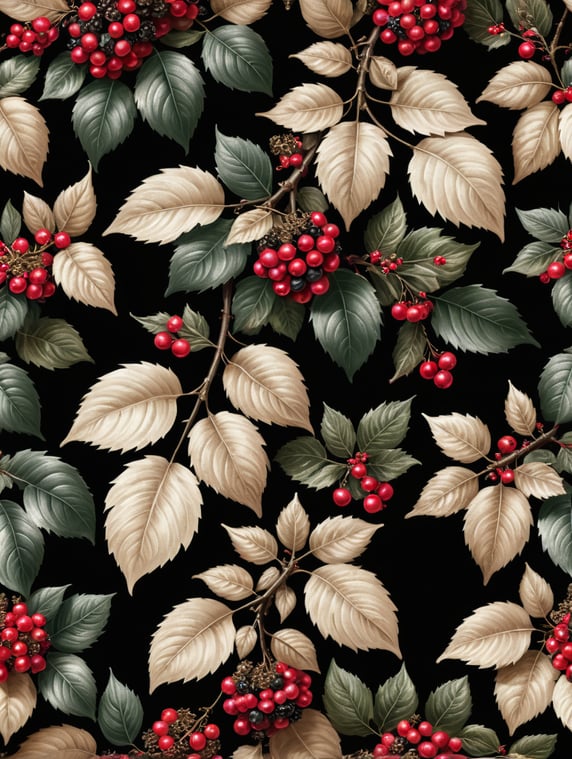 wallpaper pattern design, christmas berries and leaves, two shades of beige