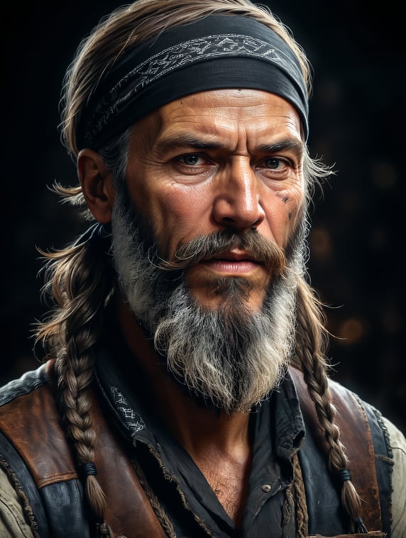 portrait, old American Bandit with long beard wearing black bandana on his face, western. dark scene, dark atmosphere, epic shot, sharp on details
