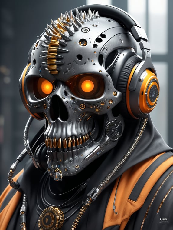 Cyber skull Octane render with spikes on top, dj headphone hyperrealistic, unreal engine 5 cyberpunk concept art, Mega design, concept art, variation, sci - fi, robot, metal hood and robe, rotary saw weapon, state of the art tech details, full body art