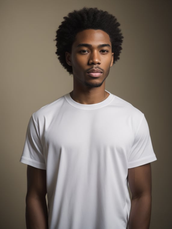 make me high definition - 4k a mixed race man, with body shot angle facing front to the camera, wearing oversized heavy cotton a flat MOCK UP white blank t shirt in bright warm tone studio photoshoot and aesthetic color vintage paintings, rugs, sofa on background