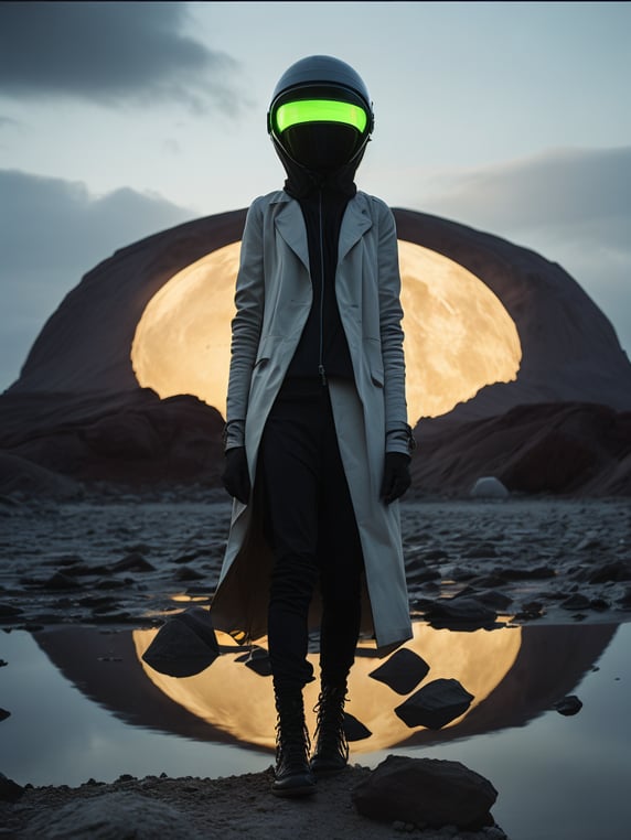 an ultra high definition professional high fashion portrait studio full length photograph of an epic, masterpiece, alien friendly standing on moon wearing a neon visor in an icelandic black rock environment at dawn with a galactic black hole, intricated organic neural clothes, expansive:2 hyper realistic, 8k, raytracing, close shot, cinematic look, avant garde fashion look, techwear, luxury, elite, cinematic, designer fashion, Alexander McQueen, Rick Owens, Yohji Yamamoto Y3, Balenciaga, Burberry