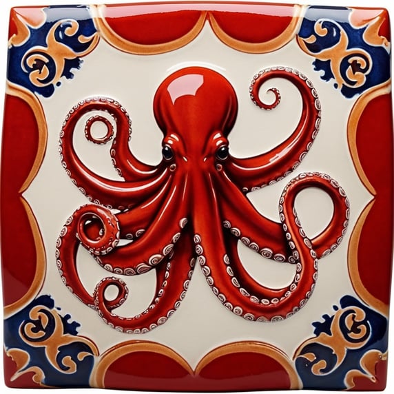 Square ceramic glazed tile with medieval art octopus, everything red color, Azulejo