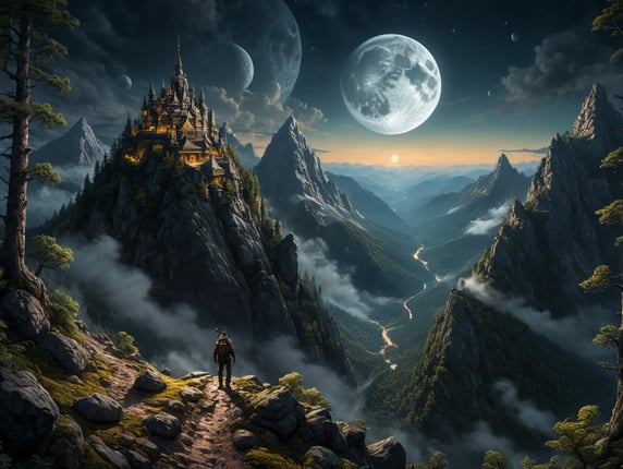 a man walks to the top in the middle of a mountain forest, night, five moons in the sky