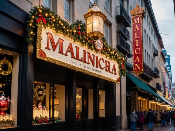 a festive looking sign at the entrance to a street fair that says "Malinca" bright lights, building Christmas decorations nutcracker, lights, alley