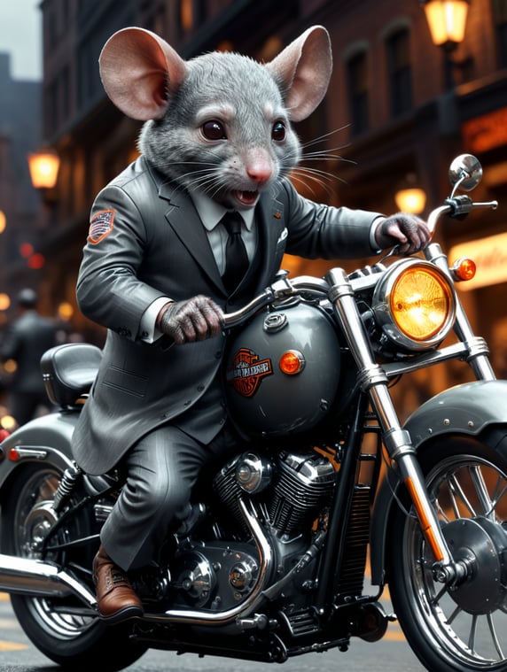 a mouse in grey suit riding a Harley Davidson motorcycle