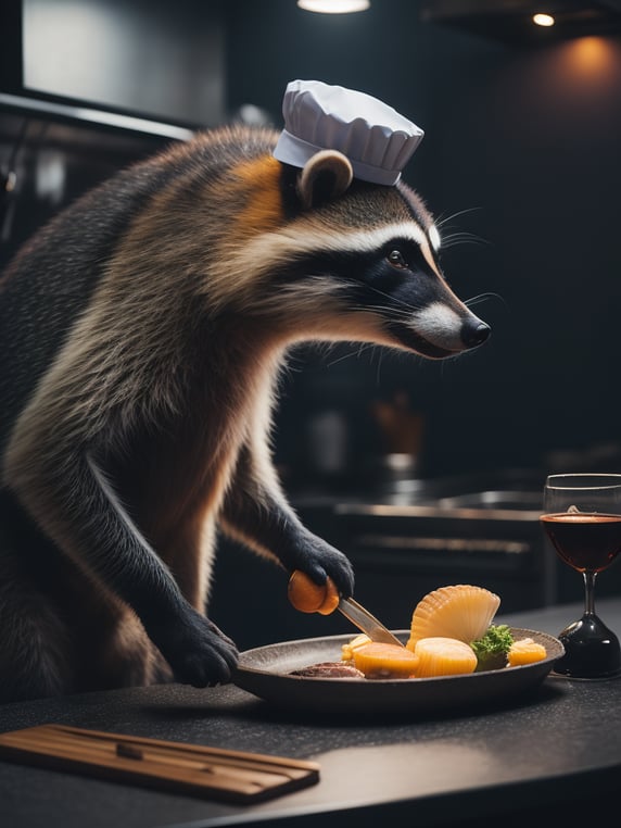 A chef racoon cooking scallops, wearing a chef hat, in a kitchen, professional