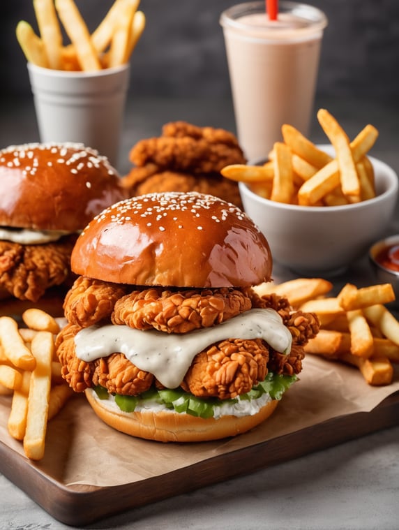 Fried chicken between pretzel bun with mayonnaise and sriracha sauce, served with fries