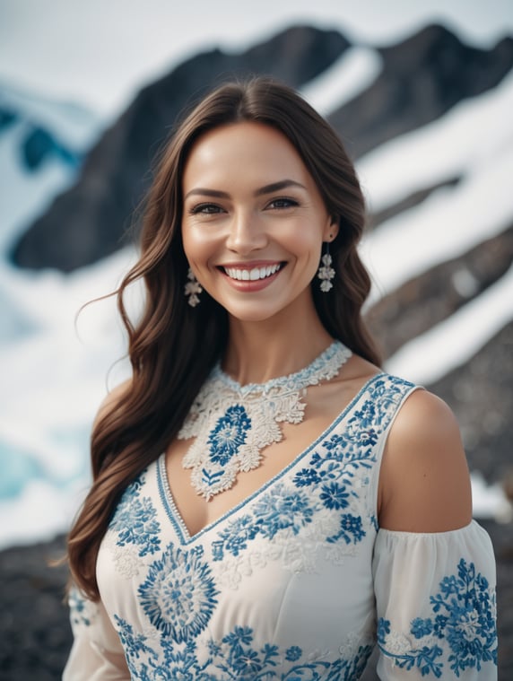 A cute woman smiling at the camera, wearing a stunning embroidered dress in antarctica, cinematic, film grain