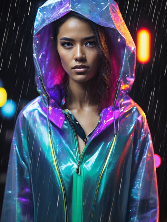a women wearing ((transparent raincoat)), under the rain, ultra realistic, neon lights