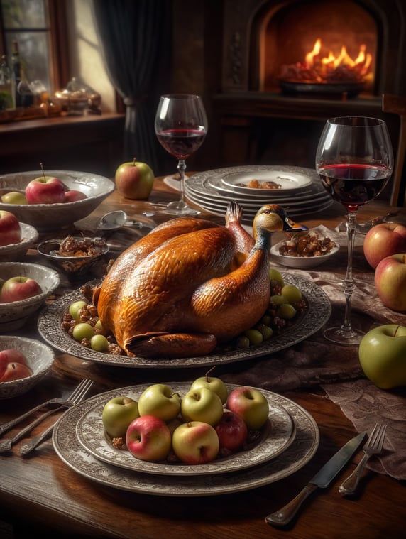 Photo of a baked duck with apples on a beautiful plate. Glasses of wine on the table.