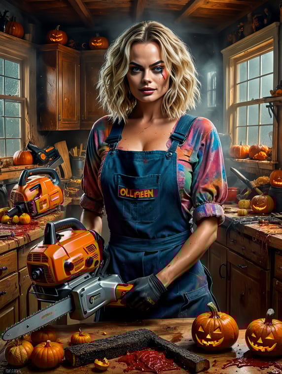 Margot Robbie in the kitchen with 2 big chainsaws in both hands, messy makeup and messy hair, Halloween costume, vivid saturated colors, highly detailed, contrast colors