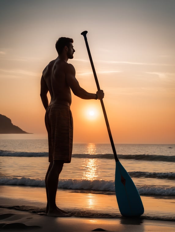 Athletic man standing holding paddle board on beach looking out to sea at sunset. Situated on a beach close to the sea.