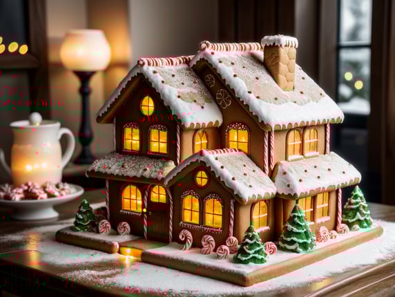 A gingerbread house with candy canes, cookies, and icing