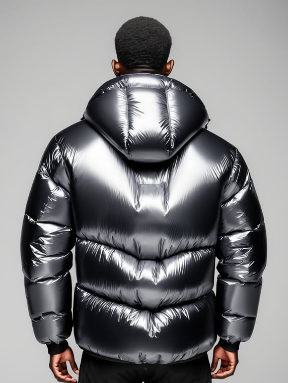 Inflatable white minimalist man's puffer jacket, black afro man, back view, transparent, isolated, grey background, mockup
