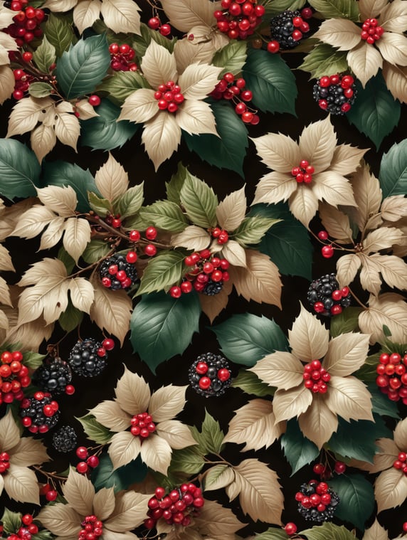 Christmas flamboyant floral background with berries and leaves, beige two tone design