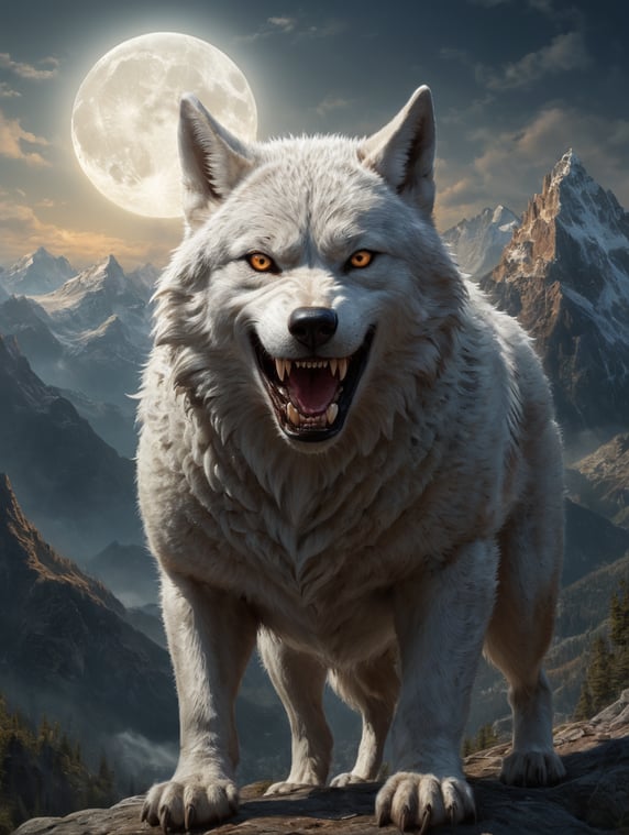 The grin of a wolf against the background of mountains at night under the light of the moon, the wolf has white wings; Оскал волка на фоне гор ночью под свет луны, у волка белые крылья