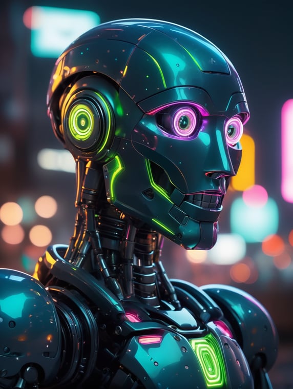 Hyper Realistic Robot At Night, Sparking, Bloom Effect, Neon