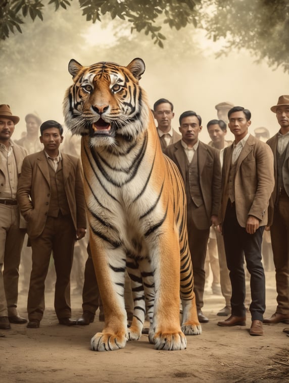 take a nineteenth-century photograph with a tiger in the center surrounded by people; készíts egy tizenkilencedik századi fényképet tigrissel a közepén melyet körben emberek vesznek közre