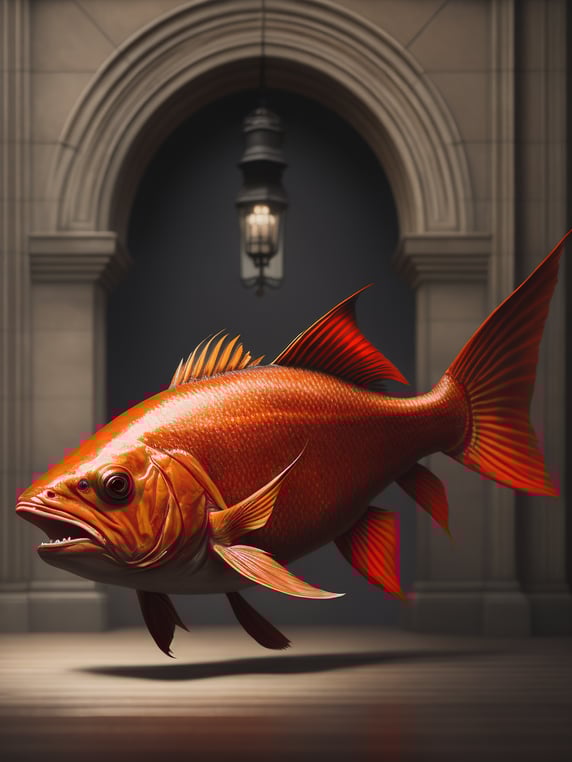 Demonic red fish with red horns, painting in the style of norman rockwell, hyper realistic, photorealistic, highly detailed