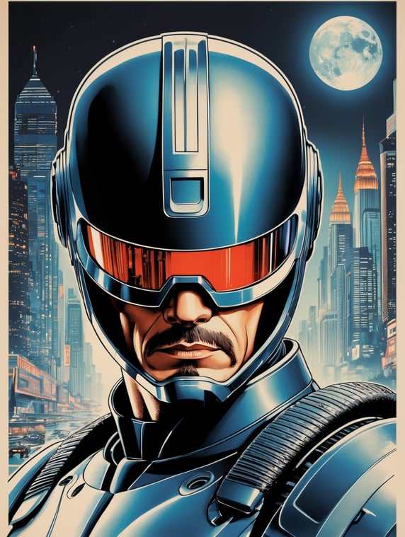 Robocop 1984 style eye-catching poster-style drawing and illustration representing the iconic pulp style
