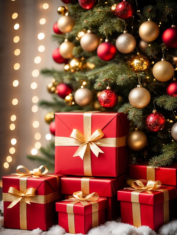 Christmas red and gold gift boxes with Christmas tree with golden Christmas balls and Christmas lights and Snowflakes
