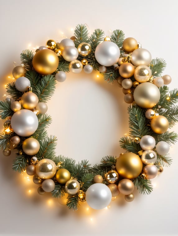 Premium Christmas pine tree wreath. gold balls. Christmas lights and colours. Snowflakes