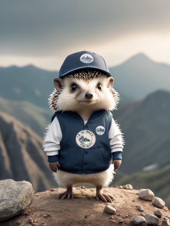 Hedgehog standing on a mountain wearing a baseball cap badge on clothes that says RIZO