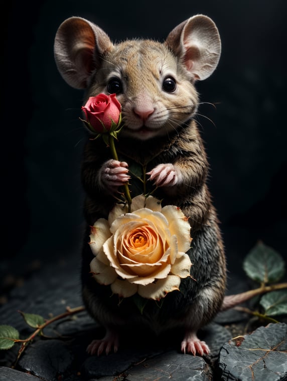 A cute tiny mouse holding a rose