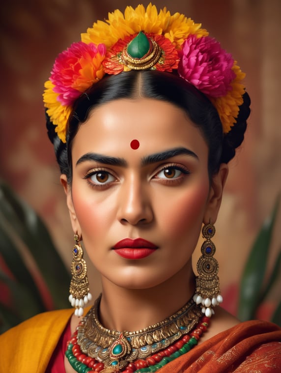 A Indian woman, Portrait of Frida kahlo, bright and saturated colors, elegant, highly detailed, vogue, fashion magazine, sharp focus, Bright expressive makeup, Dramatic Lighting, Depth of field, Incredibly high detailed, blurred background