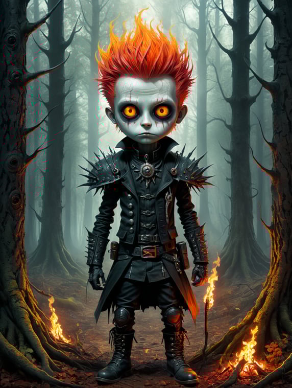 Thin punk rocker in a nightmare forest by Andy Kehoe and Tim Burton. Full view in boots. Big sad eyes, evil grin, a tangled flaming red-head wearing gothic-punk clothes. Vibrant modern fairytale scene of spiraling esthetic beauty, abstract art, complementary colors, fine details.