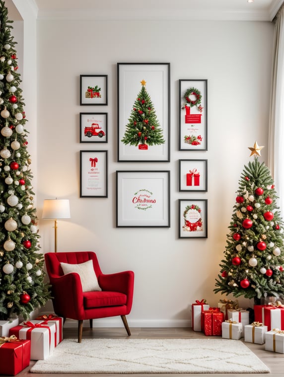 vertical frame wall mockup, white nursery with christmas decorations in red, white, green, and christmas lights