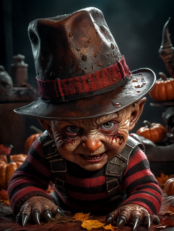 Freddy Krueger as a little cute baby in a hat, metal claws, Halloween, Vivid saturated colors, Contrast color