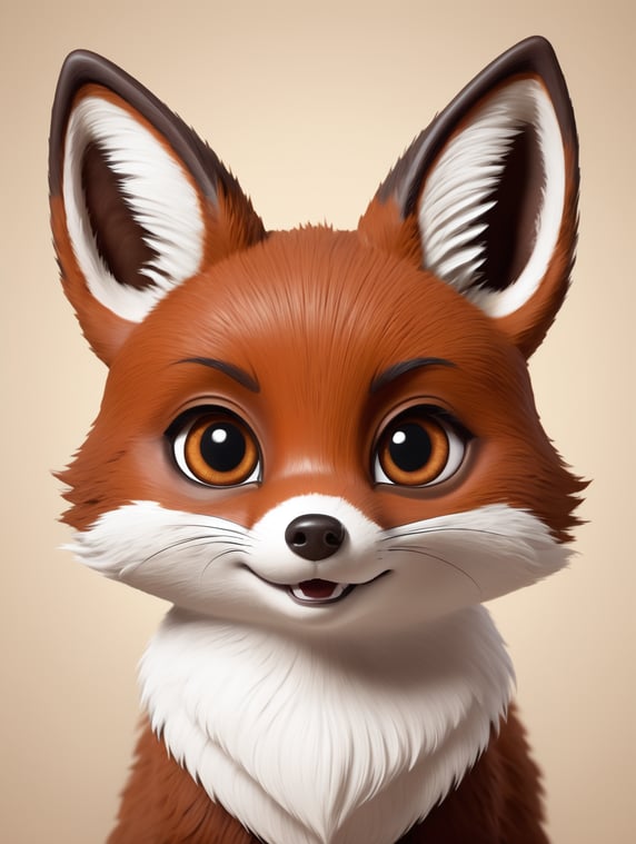 A chocolate brown Mamae fox with big beautiful eyes, pointy ears and white chest, in the style of a Pixar movie character