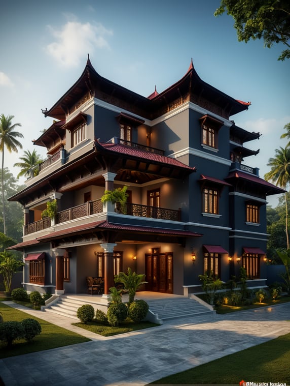 Envision a Kerala model one-story villa with a modern architectural design that seamlessly blends traditional elements. The villa should feature three spacious bedrooms, and the exterior should incorporate traditional Kerala-style sloping roofs, wooden pillars, and intricate carvings, while the interior should boast contemporary amenities, warm colors, and plenty of natural light. Illustration, using a combination of realistic and artistic techniques to emphasize the villa's fusion of modernity and tradition.