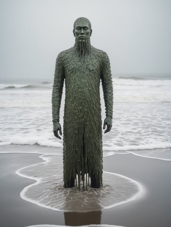 A full figure, tall and thin, made of sea water covered in salt, and dripping with wet seaweed. Facing the front and looking straight ahead.