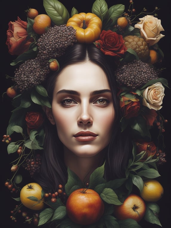 a painting of a woman's head surrounded by flowers and fruit
