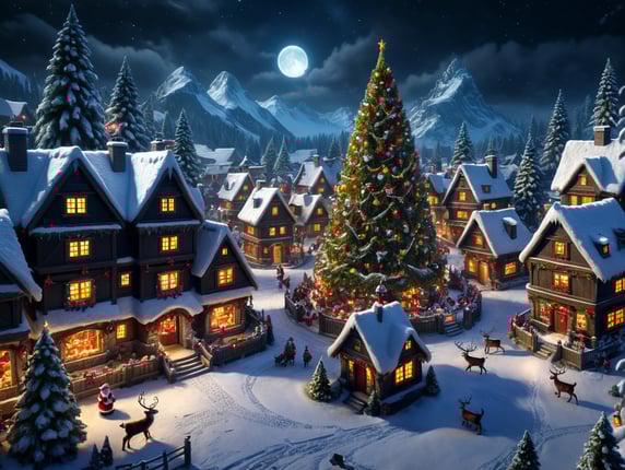 Snowy christmas night village with a santa clause, reindeers and christmas tree